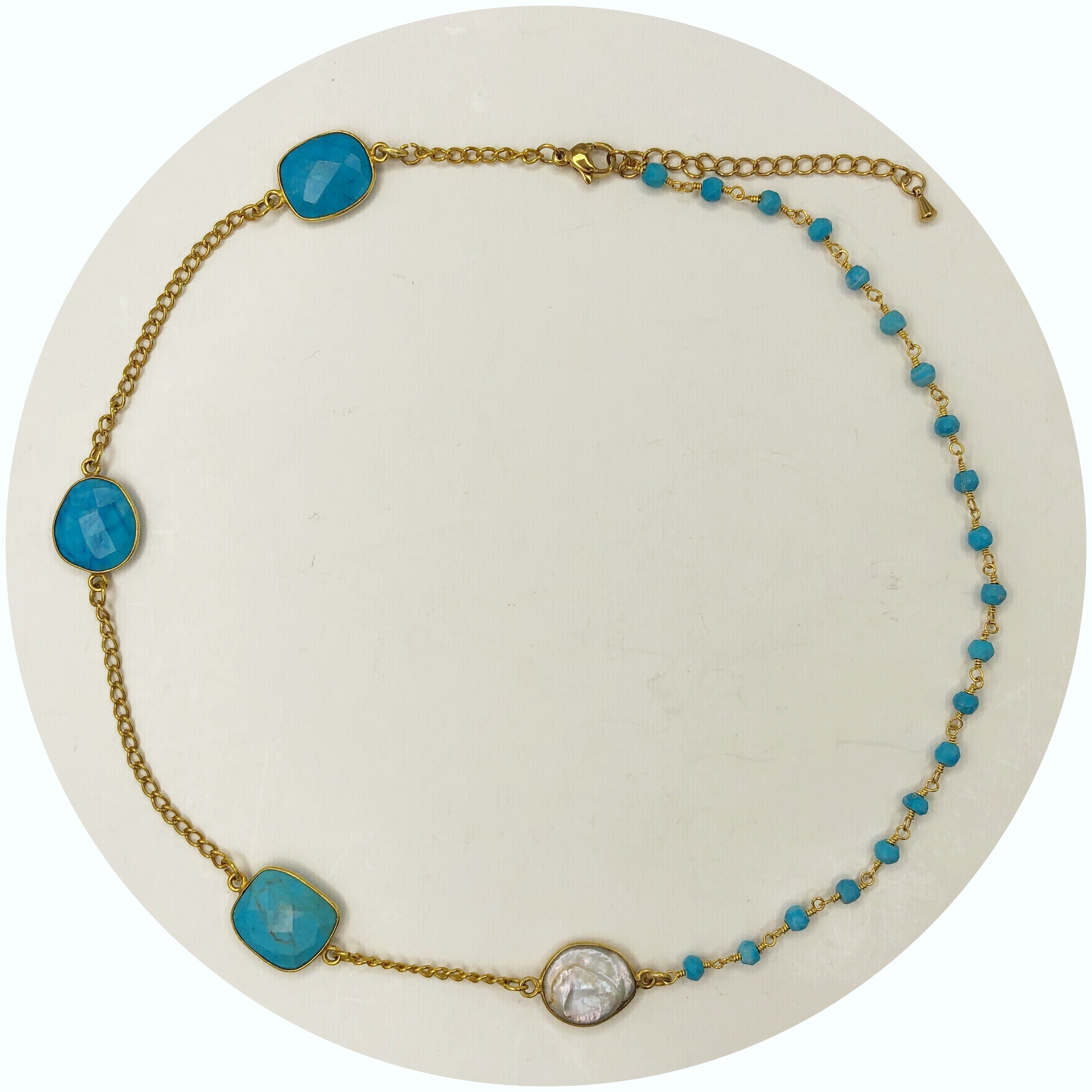 Demi Turquoise Bezel and Turquoise Stone Necklace with Pearl Bezel