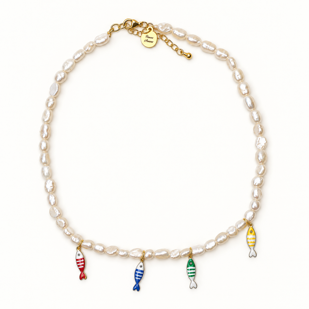 Freshwater Pearl Choker with Enamel Sardines on a clean studio background