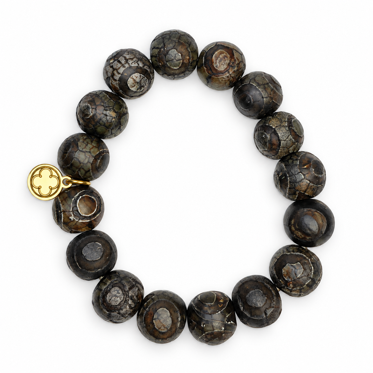 Tibetan Antique Black Eye Agate Beaded Bracelet on white studio background