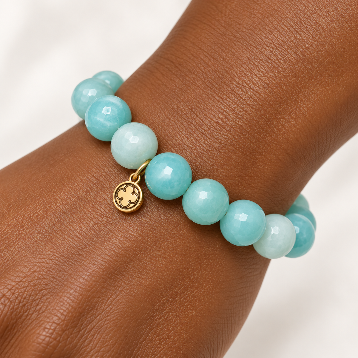 Amazonite Light Beaded Bracelet worn on a woman&