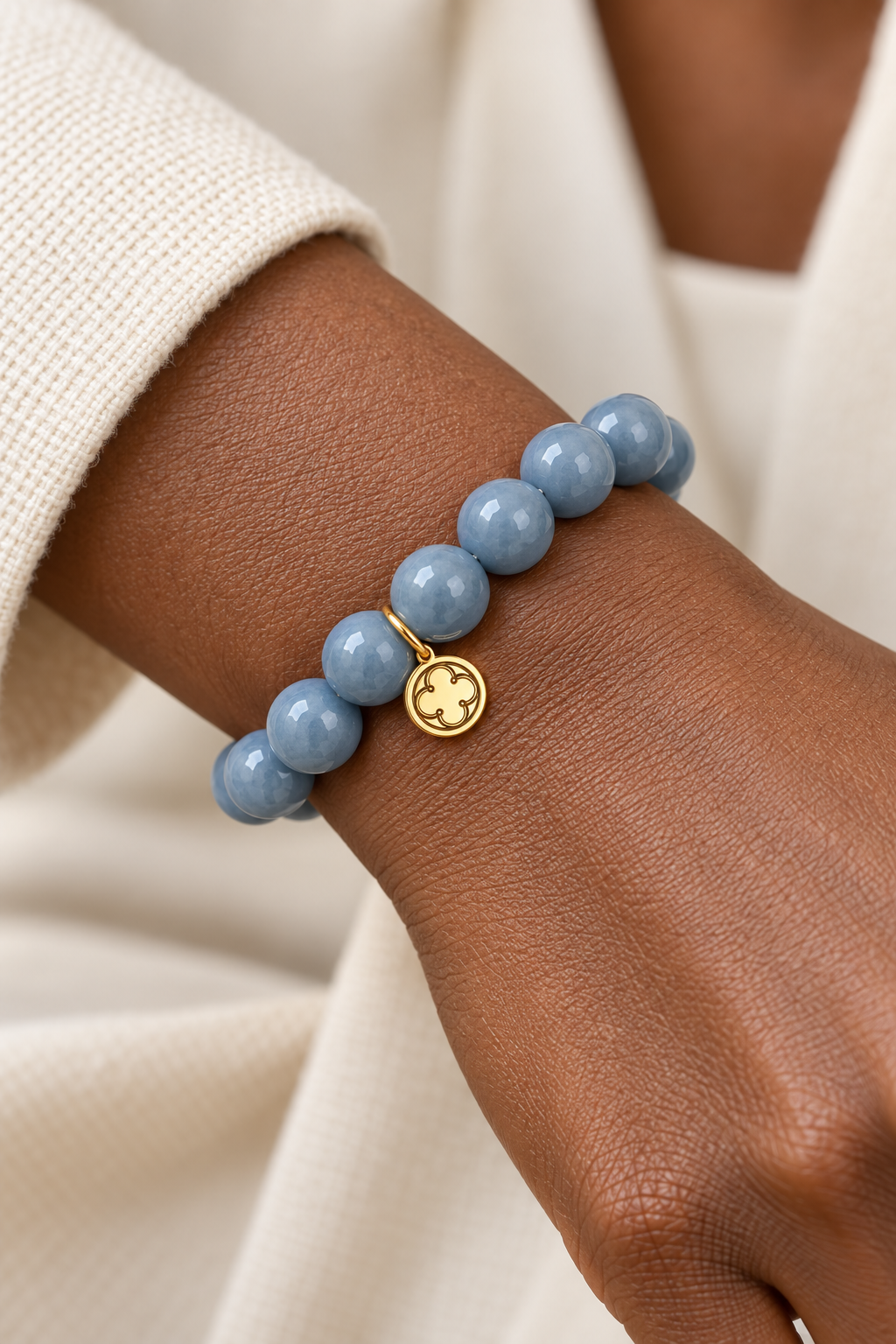 Angelite Beaded Bracelet worn on a woman&