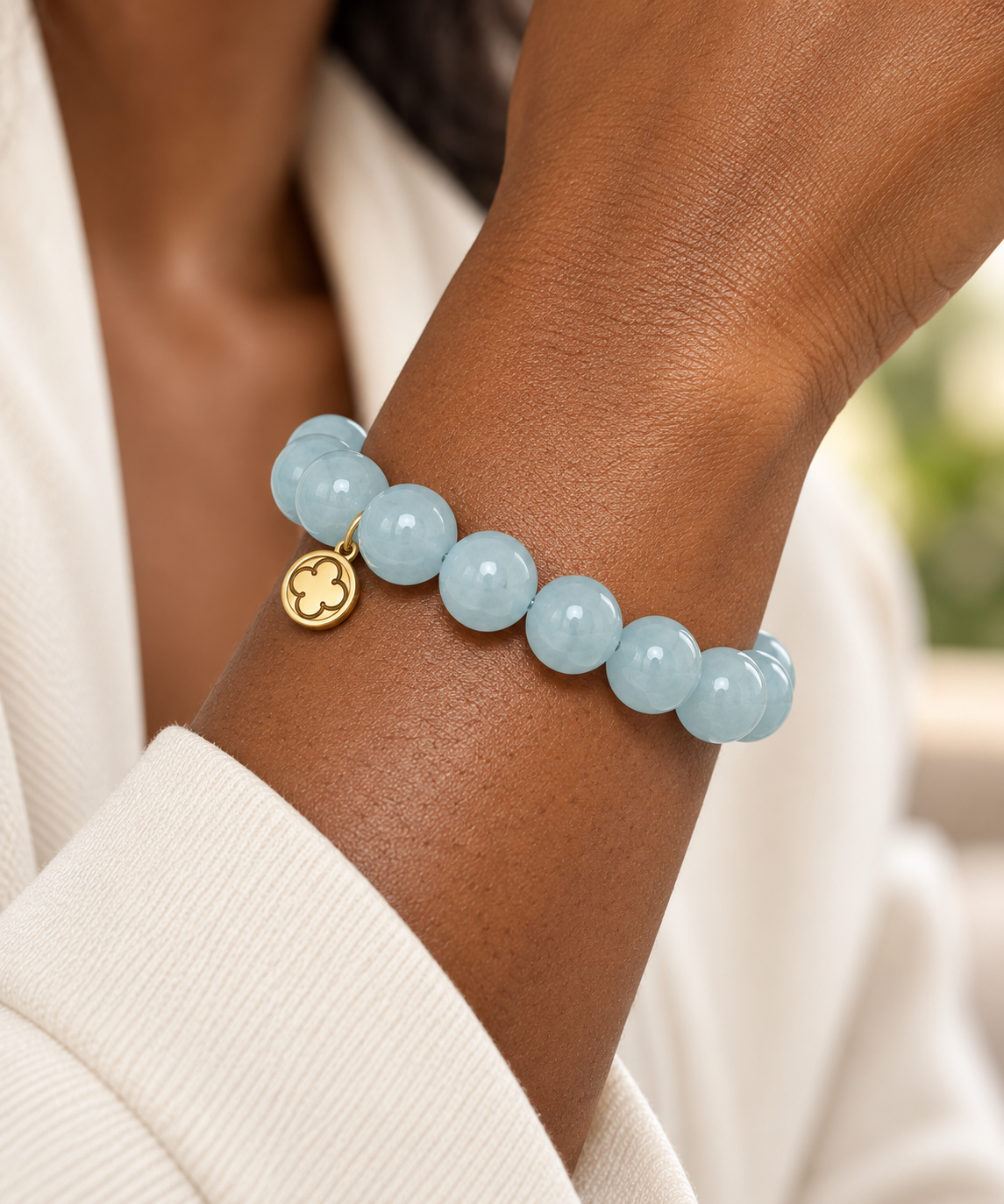 Aquamarine Beaded Bracelet worn on a woman&