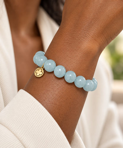 Aquamarine Beaded Bracelet worn on a woman&
