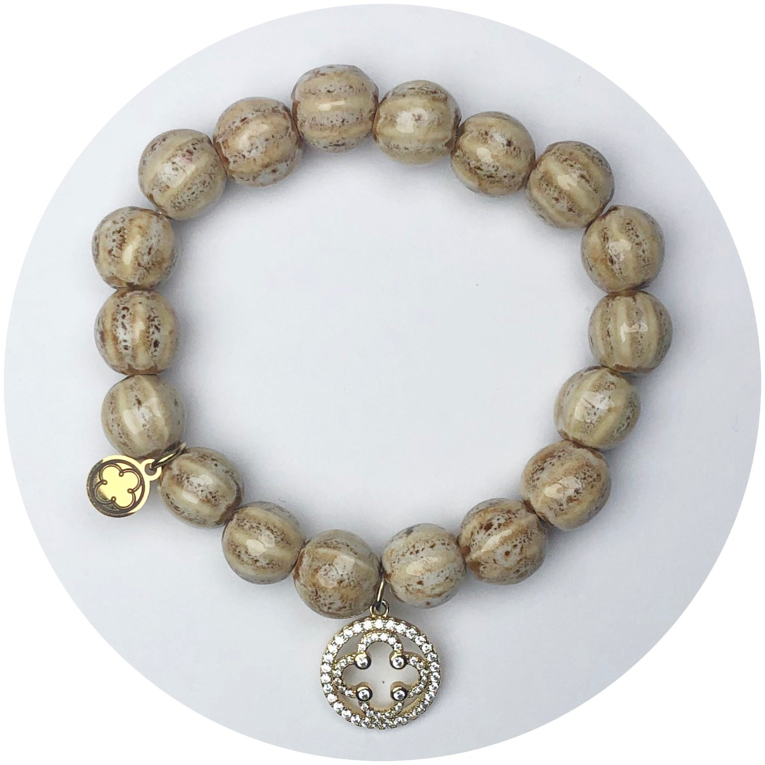 Sand Ceramic Riccio Bead with Gold Signature Logo Pendant