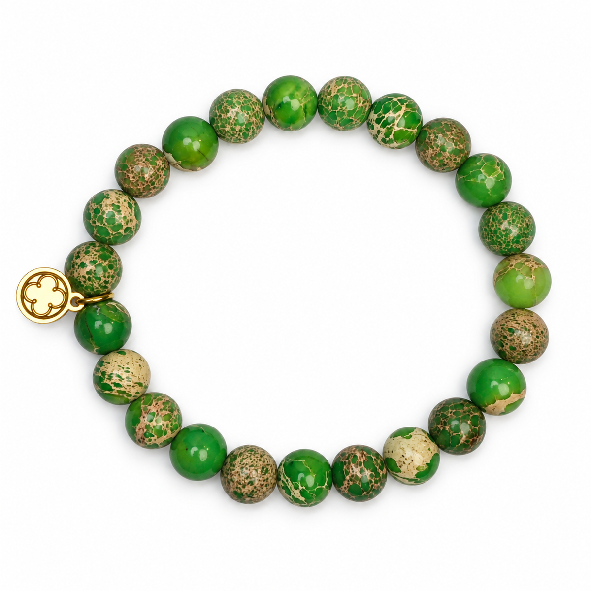 Green Imperial Jasper Beaded Bracelet on white studio background