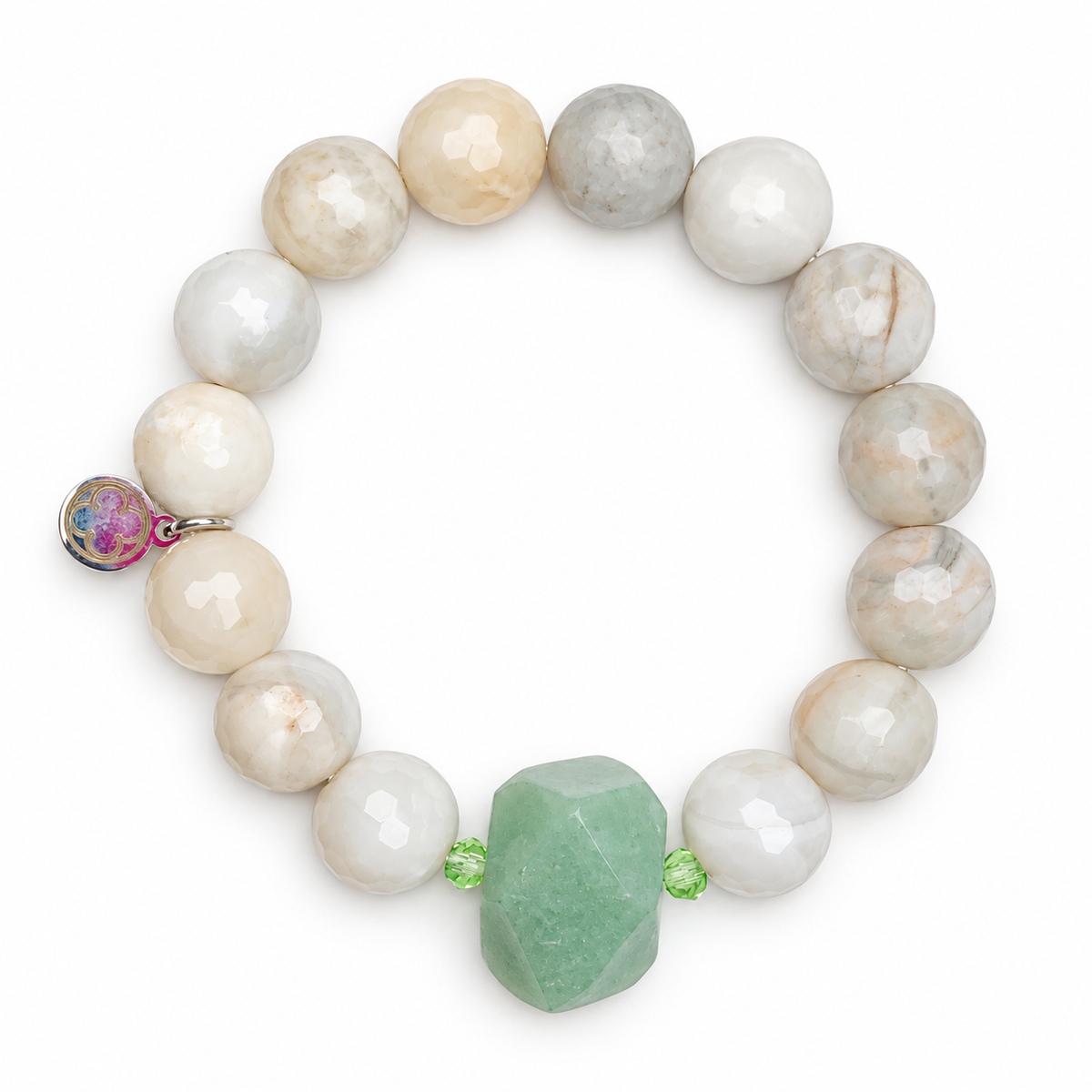 Milky Ivory Agate with Mint Jade Nugget on a white background