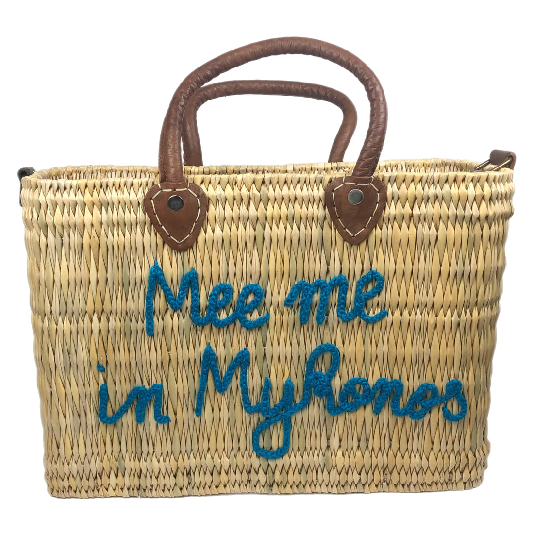MEET ME IN MYKONOS LEATHER HANDLE REED BAG