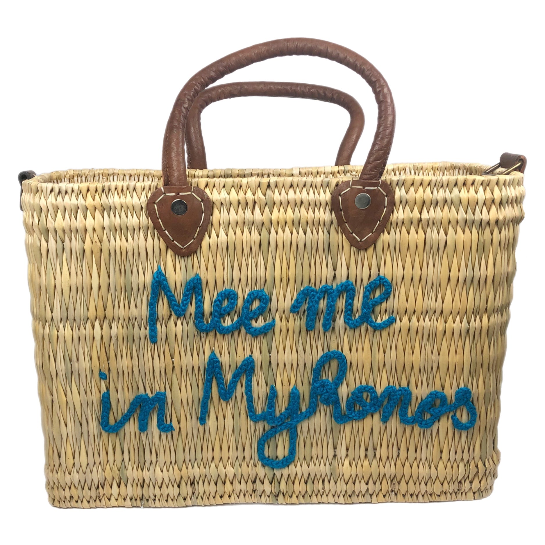 MEET ME IN MYKONOS LEATHER HANDLE REED BAG