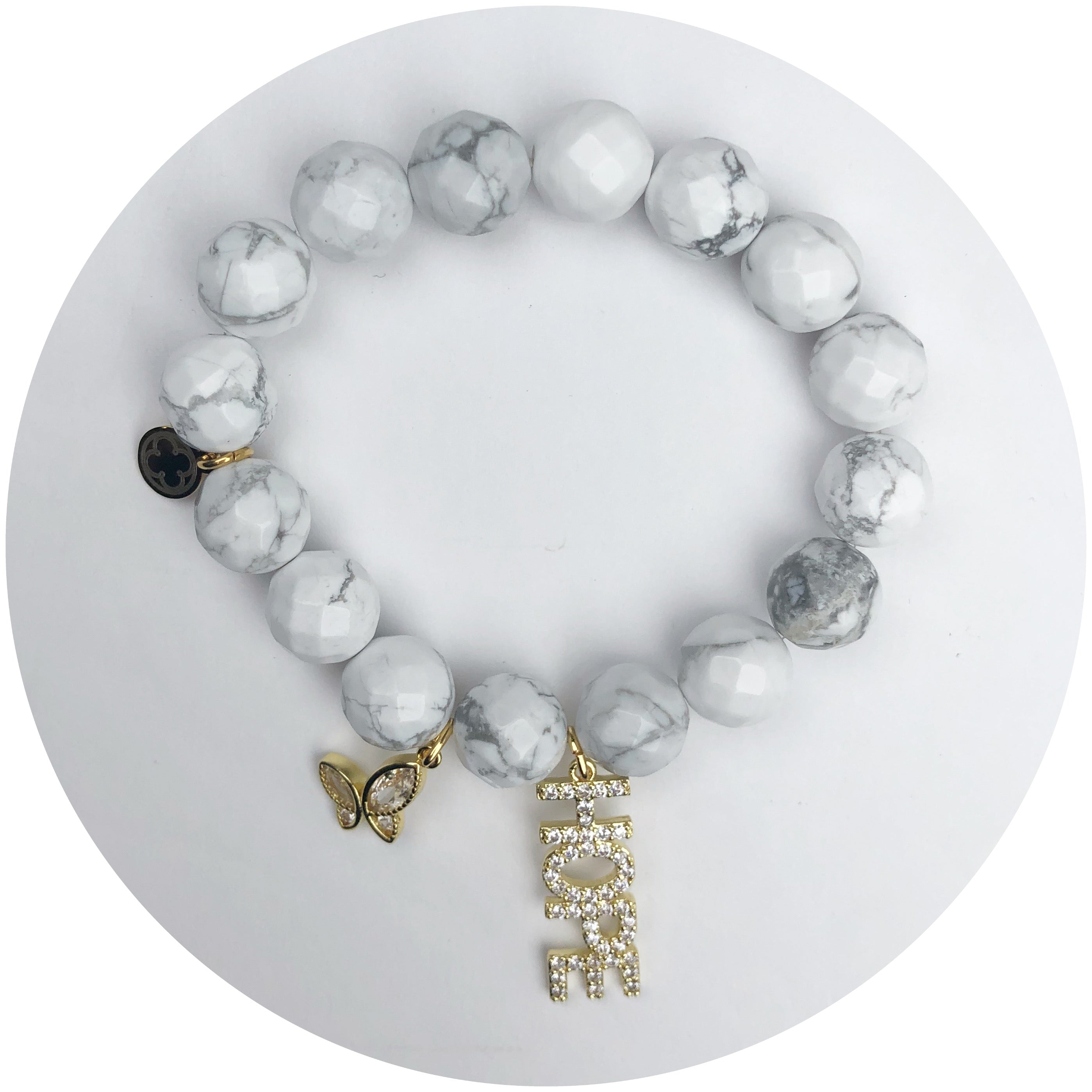 White Howlite &quot;Ashley Lauren Foundation&quot; with Pavé Hope and Butterfly Pendant
