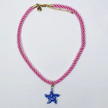 Stellina Rose Pink Rope with Blue Starfish Necklace