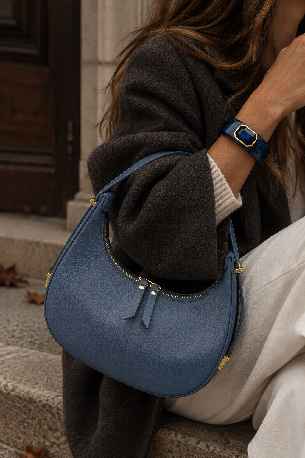 Mezza Luna Denim Blue Leather Handbag