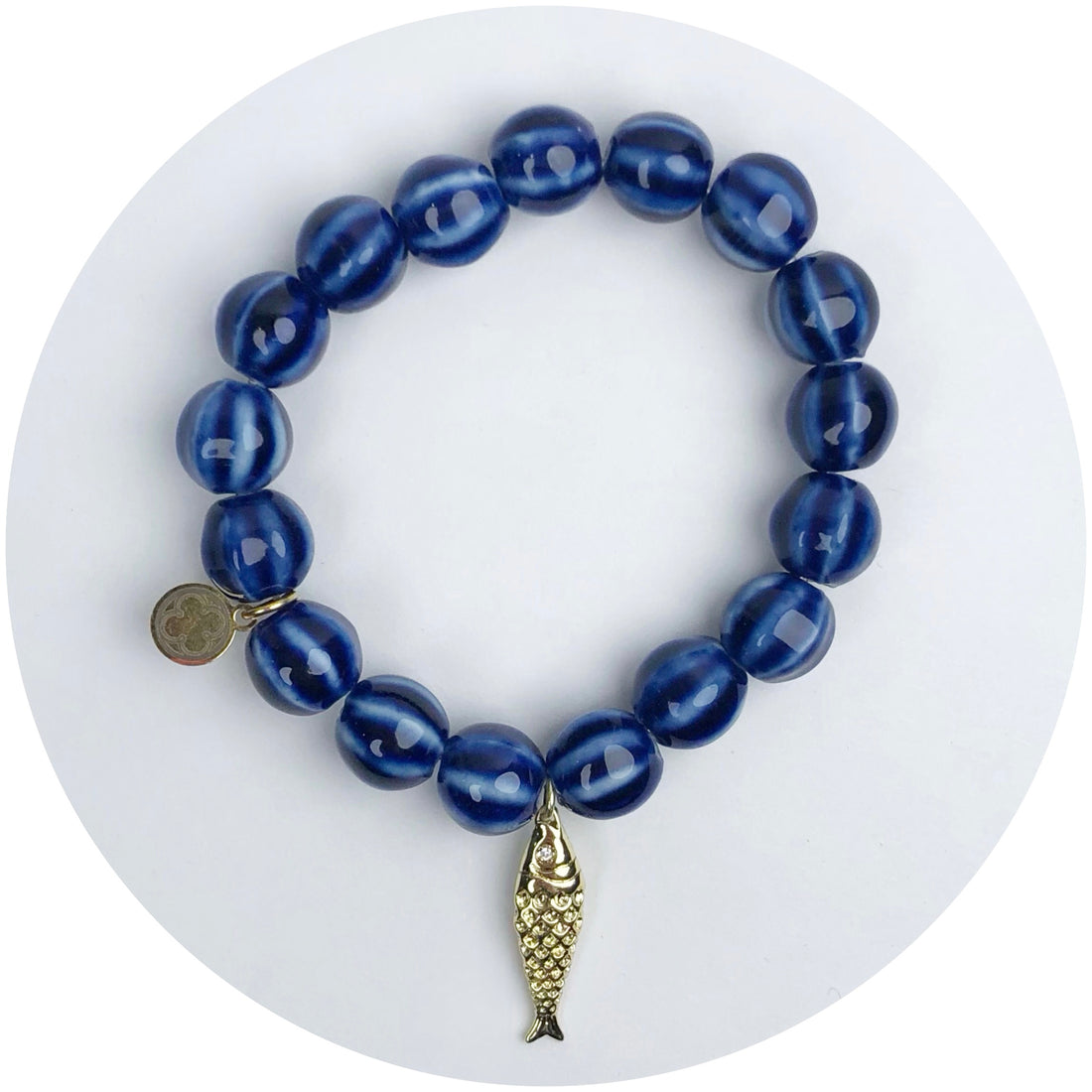 Blue Ceramic Riccio Bead with Gold Sardine Pendant