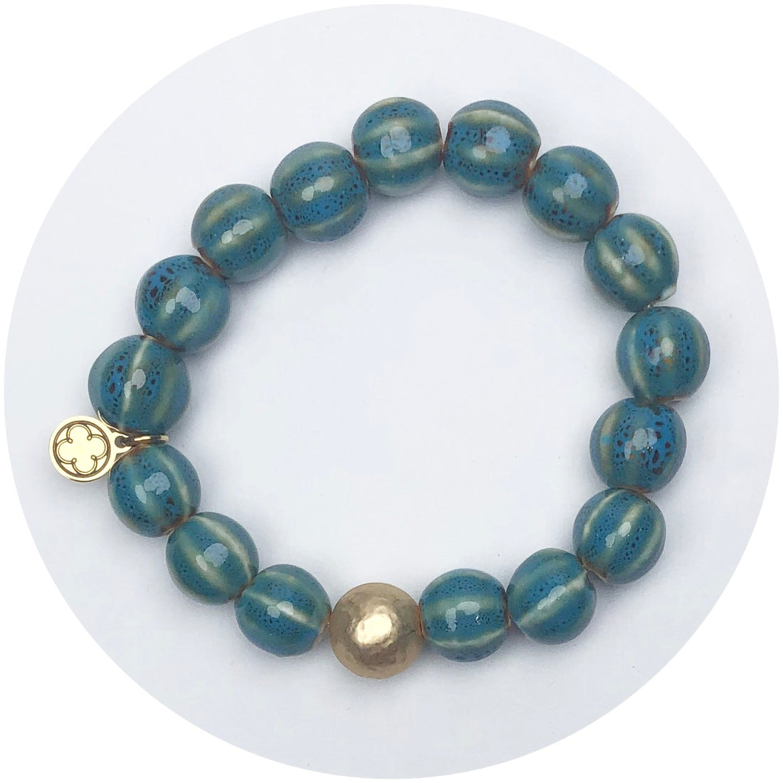 Turquoise Ceramic Riccio Bead with Hammered Gold Accent
