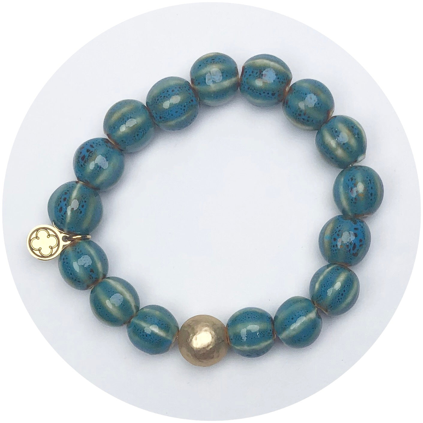 Turquoise Ceramic Riccio Bead with Hammered Gold Accent