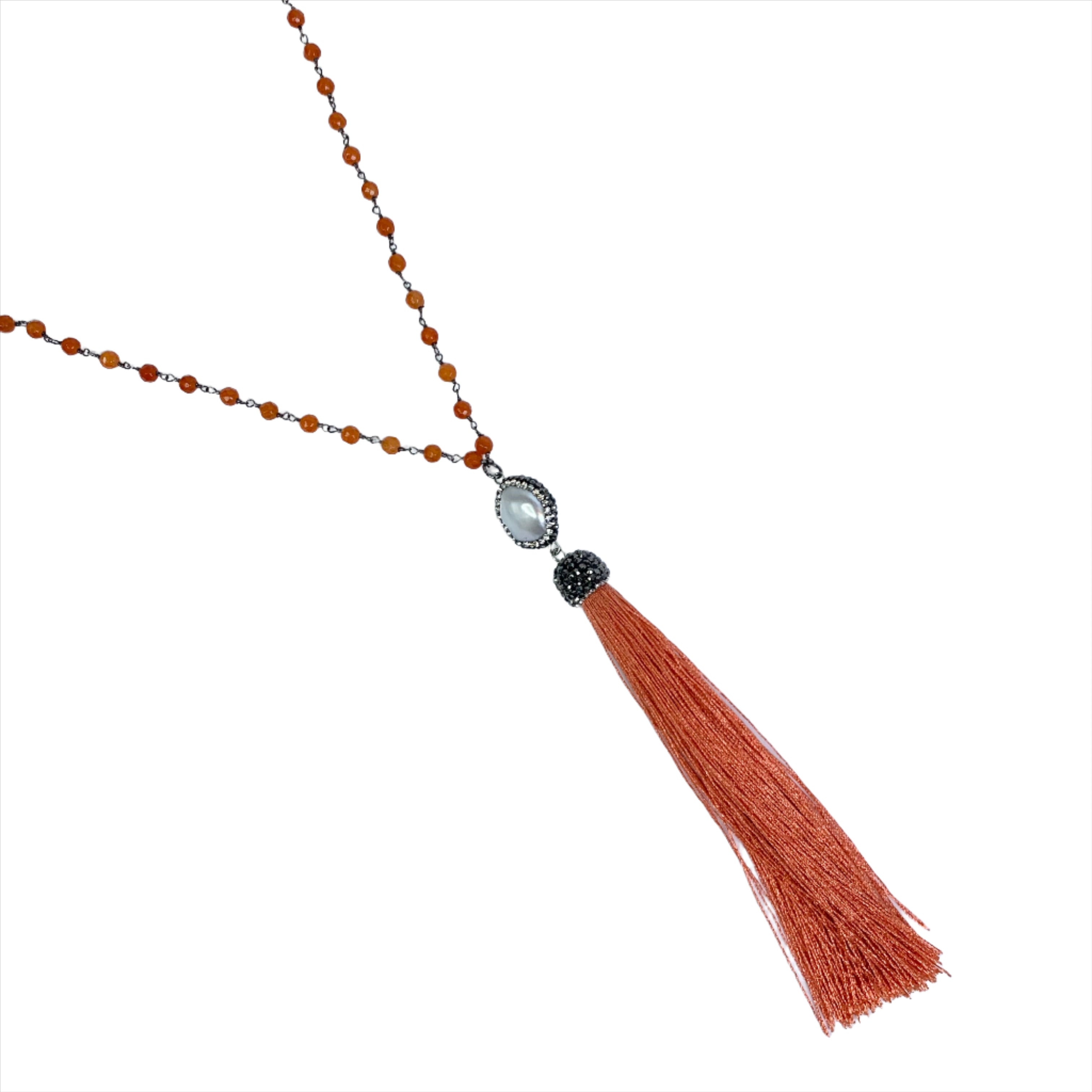 Orange Jade beaded Chain with Bezel Pearl Tassel