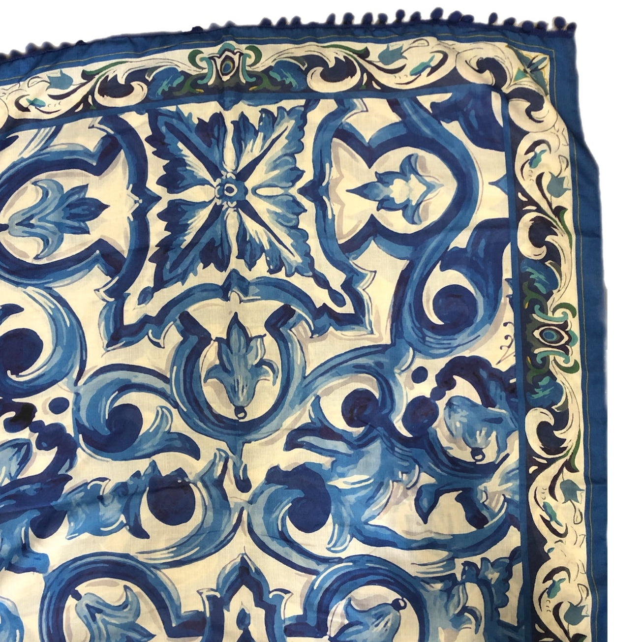 Blue Scroll Maiolica Foulard with Pom Pom Fringe - Dolce Vita Chic