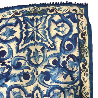 Blue Scroll Maiolica Foulard with Pom Pom Fringe - Dolce Vita Chic