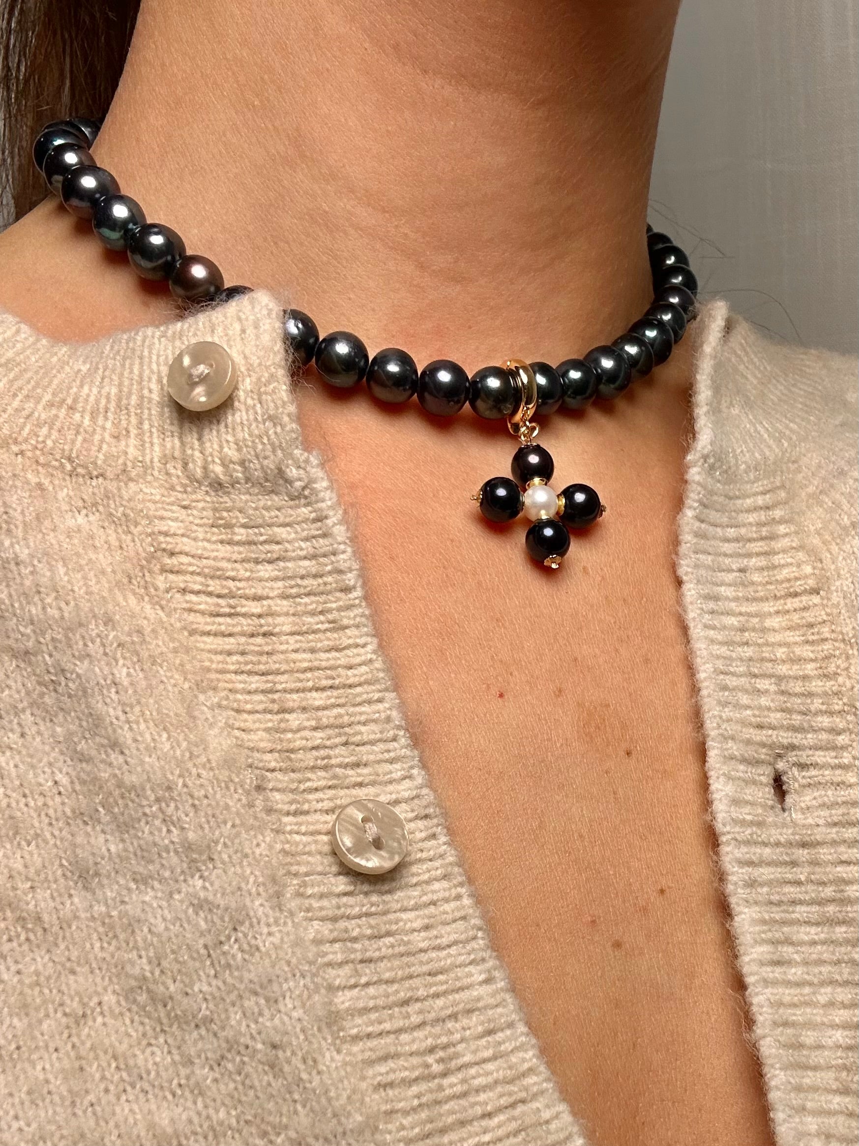 Perla Grande Peacock Pearl with Peacock Pearl Maltese Cross Necklace