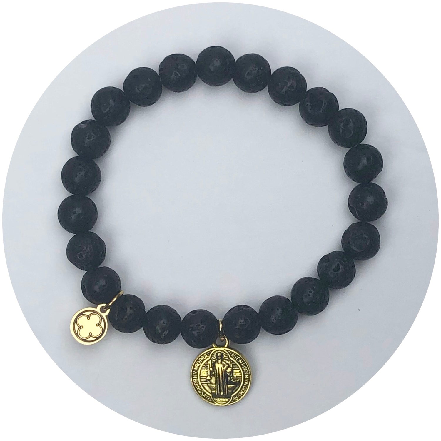 Black Lava with Double Sided Gold St Benedict and Jesus Pendant
