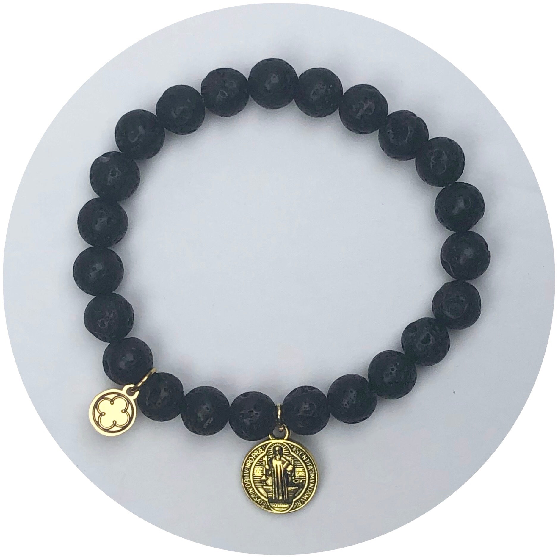 Black Lava with Double Sided Gold St Benedict and Jesus Pendant