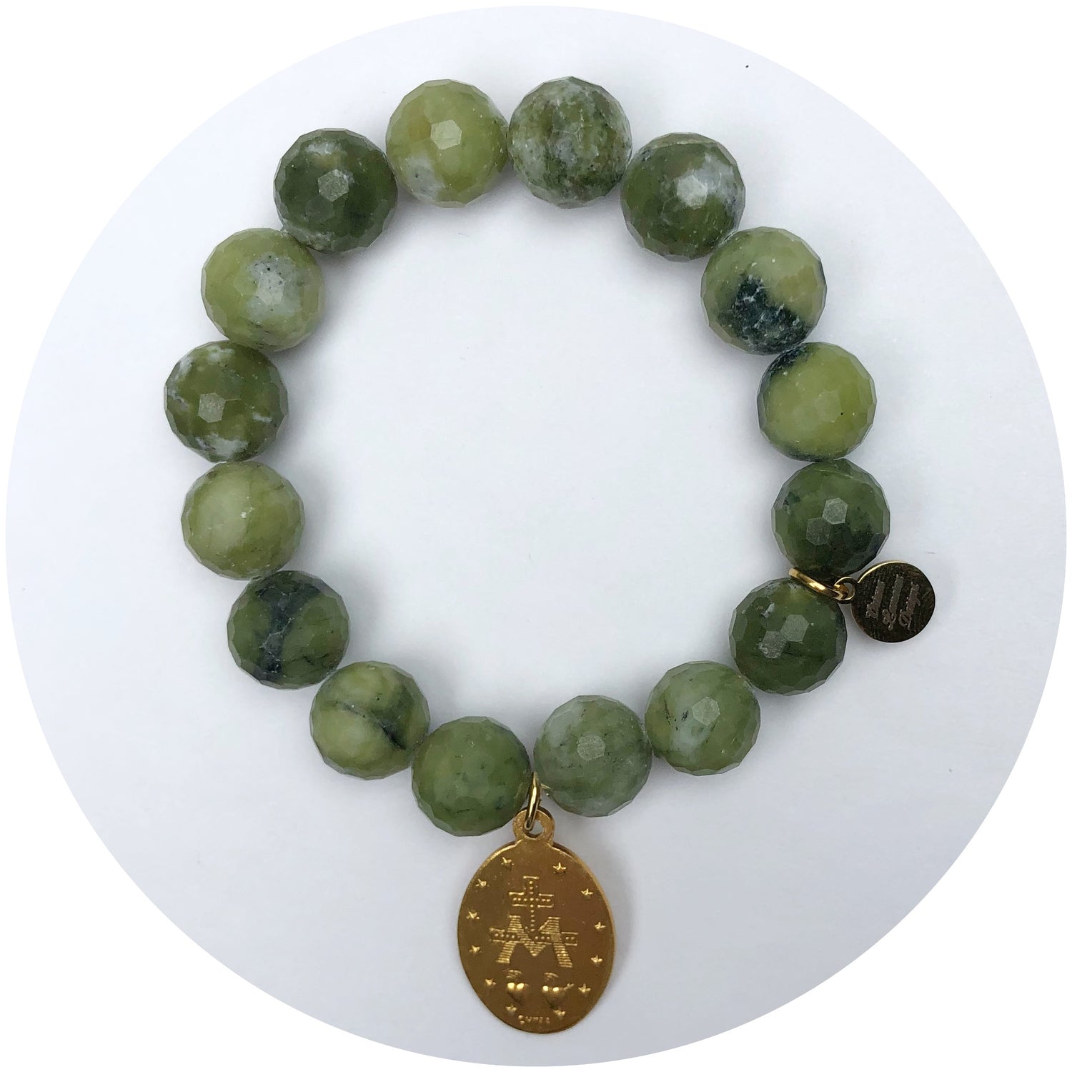 Dusty Olive Stone with Saint Mary Pendant