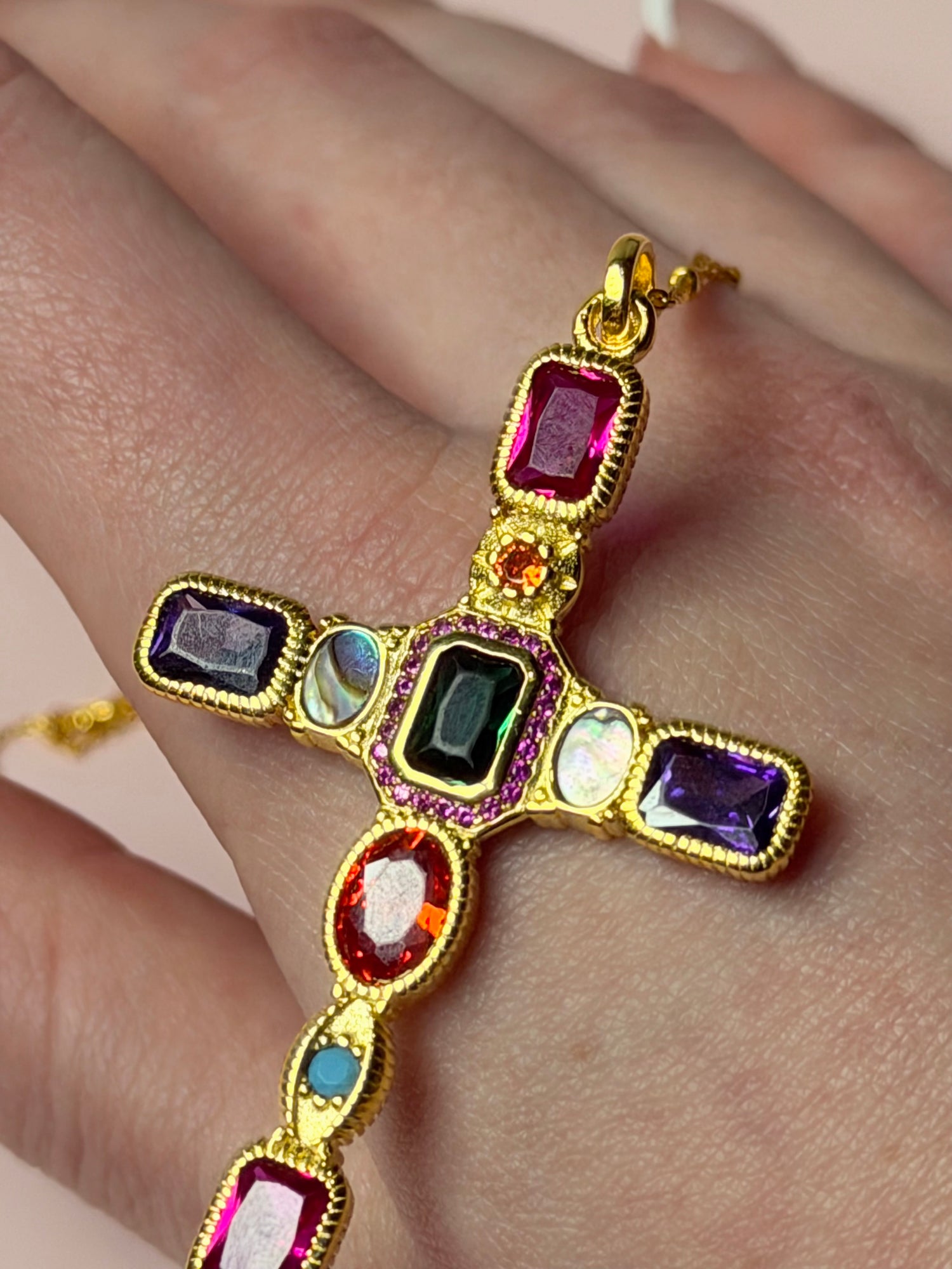 Rainbow Pavé Cross Necklace