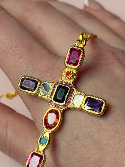 Rainbow Pavé Cross Necklace