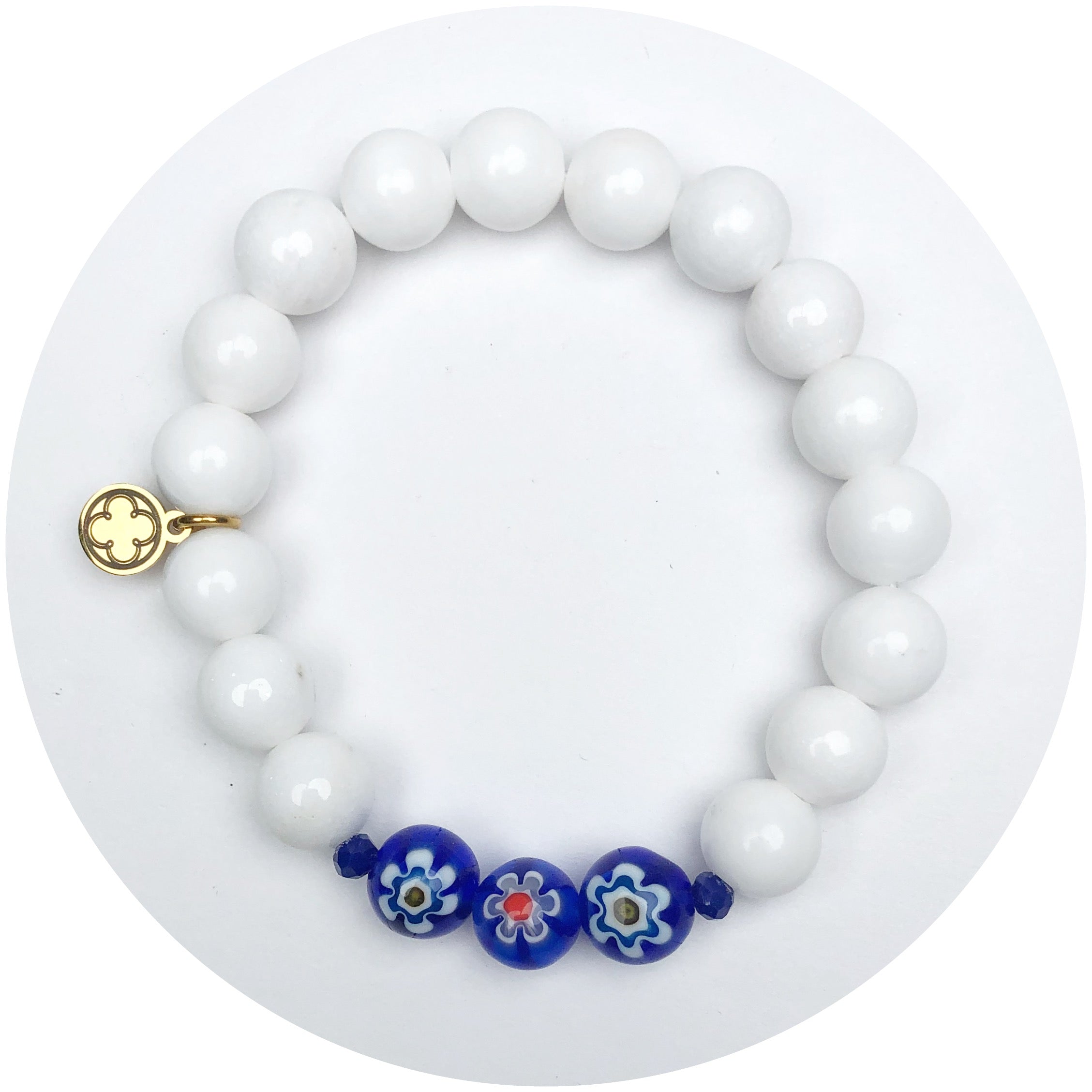 Frost Jade and Blue Millefiori with Blue Crystal Spacers