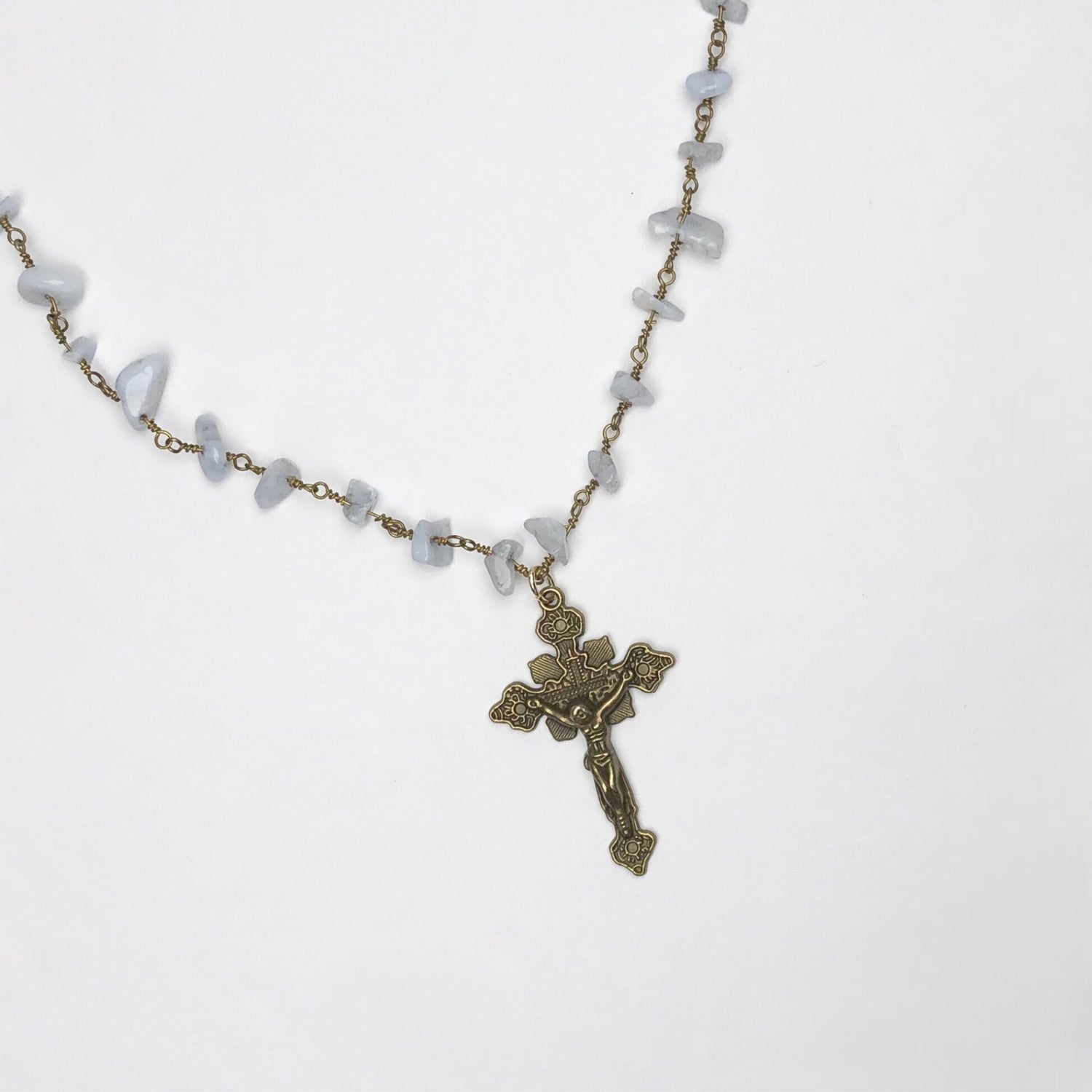 Serenity Blue Gemstone Chips Necklace with Cross Pendant
