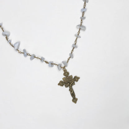 Serenity Blue Gemstone Chips Necklace with Cross Pendant