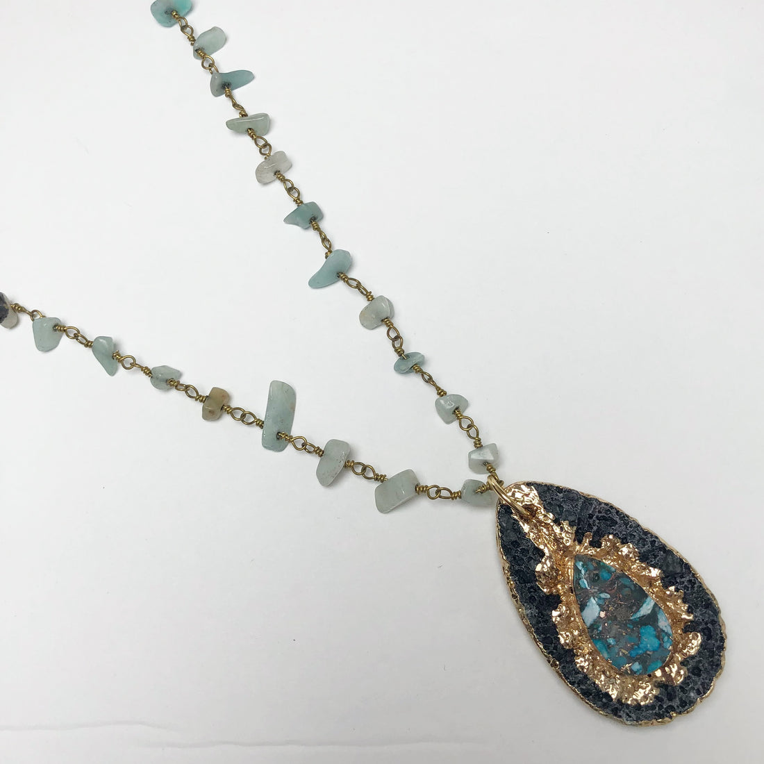 Amazonite Beaded Chain with Teardrop Lava Pendant Necklace