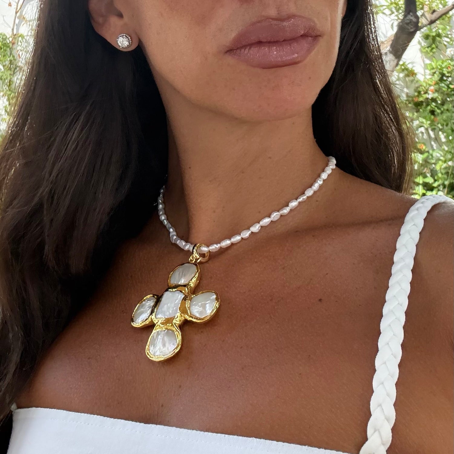 Seed Pearl with Pearl Bezel Cross Pendant