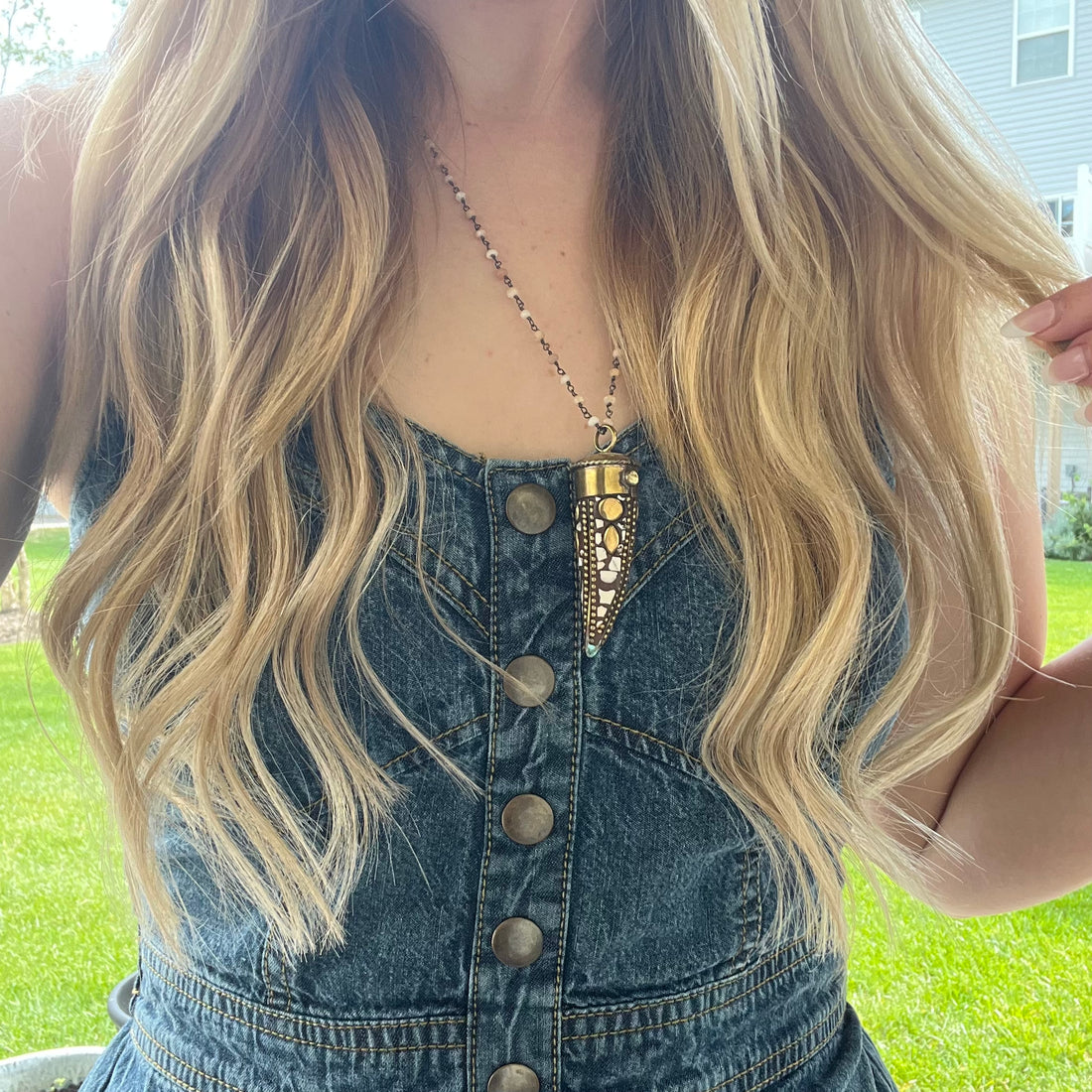 Desert Moonstone Beaded Chain with Antique Gold Horn Necklace
