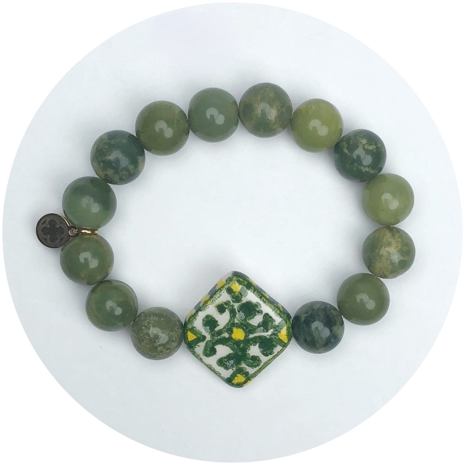 Verdant Mist Jade with Handpainted Ceramic Tile