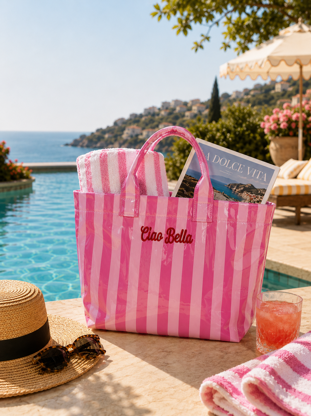 Ciao Bella Pink Striped Waterproof Tote