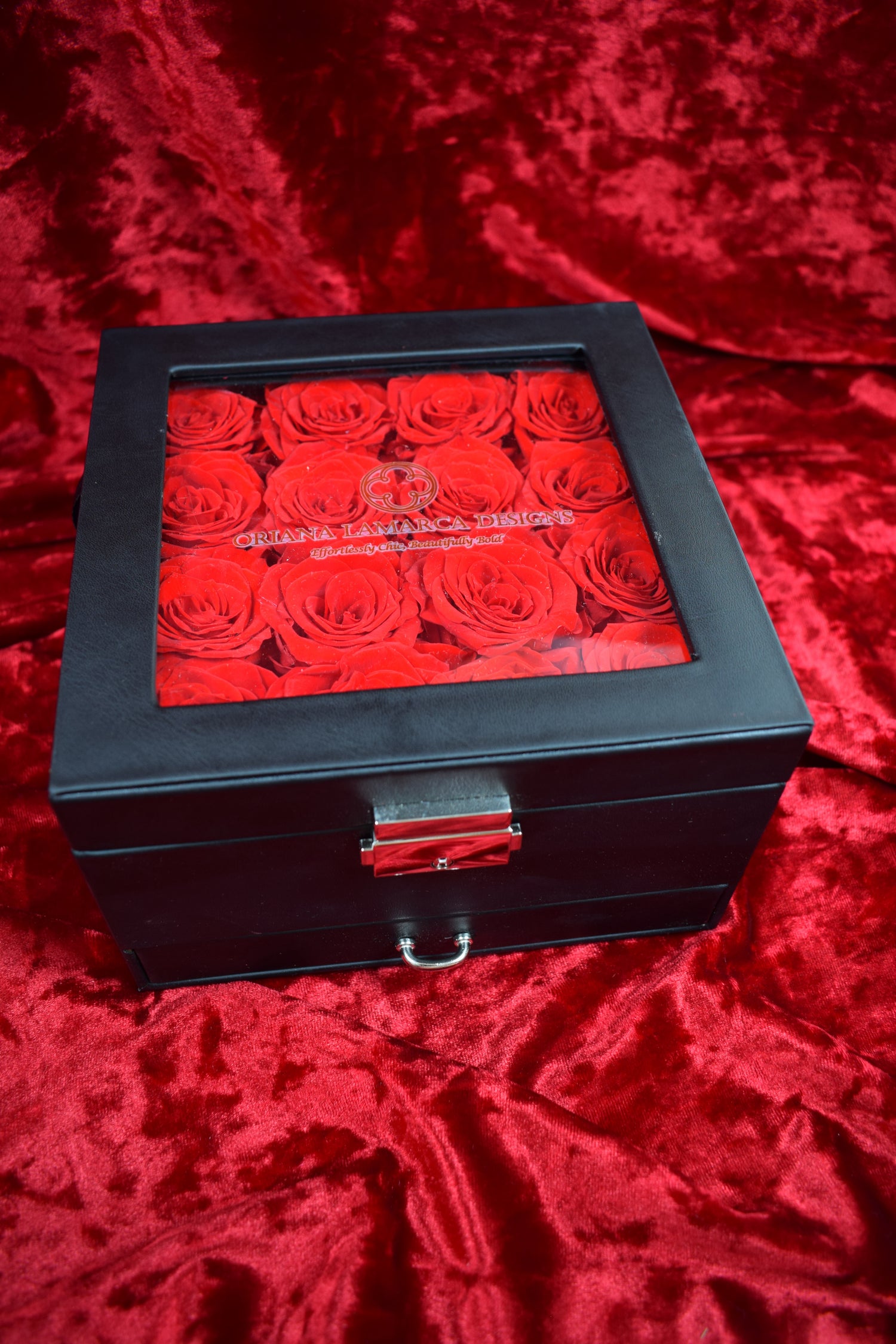 Forever Red Roses with Black Leather Jewelry Case Flower Box