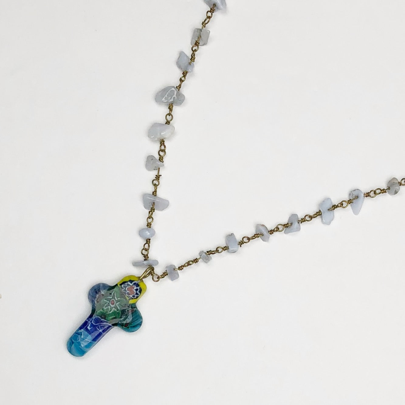 Serenity Blue Gemstone Chips Necklace with Millefiore Cross Pendant