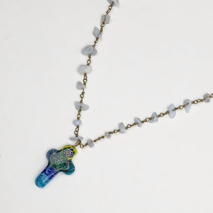 Serenity Blue Gemstone Chips Necklace with Millefiore Cross Pendant