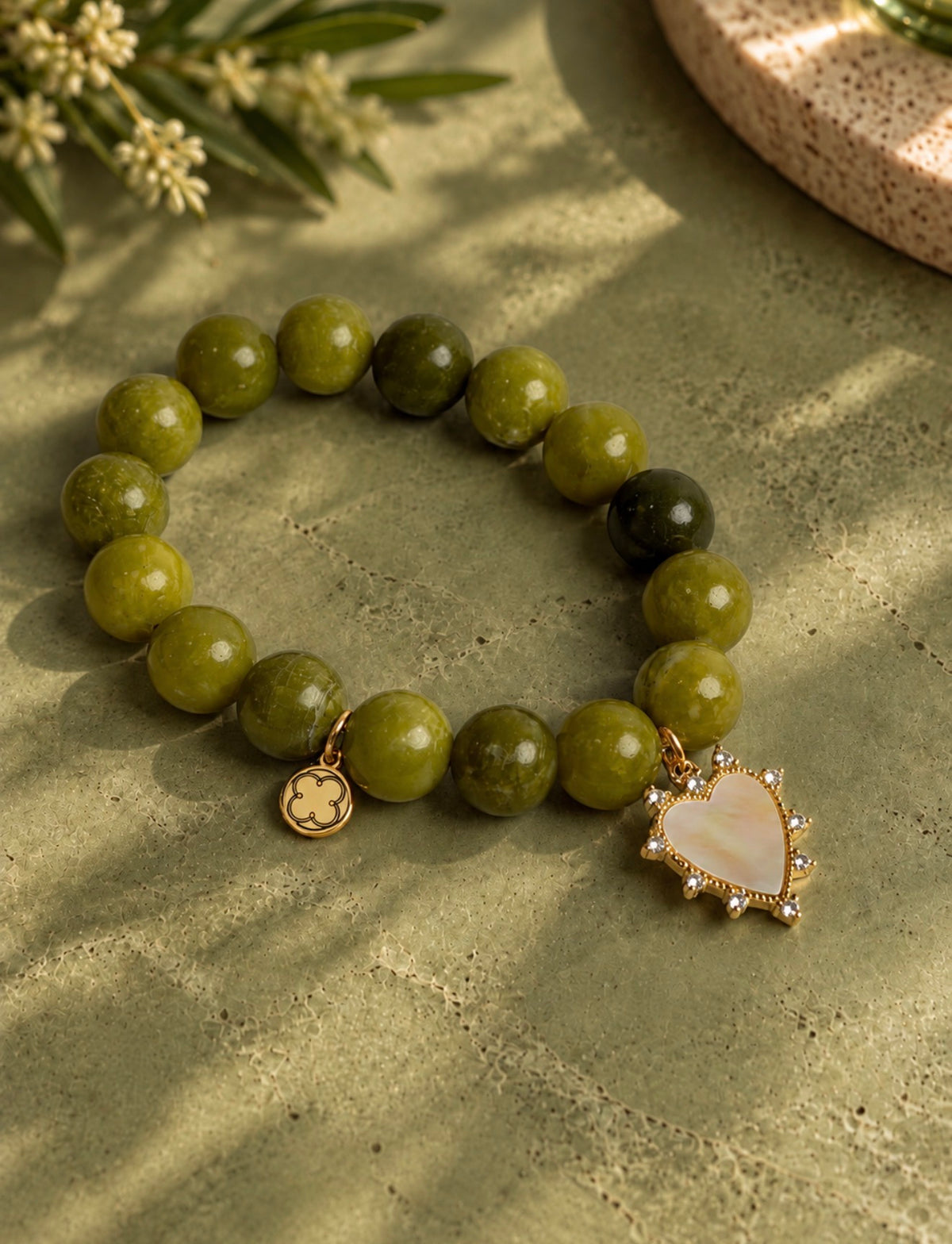 LIMITED EDITION Laurel Green Jade with Mother of Pearl Pavé Heart