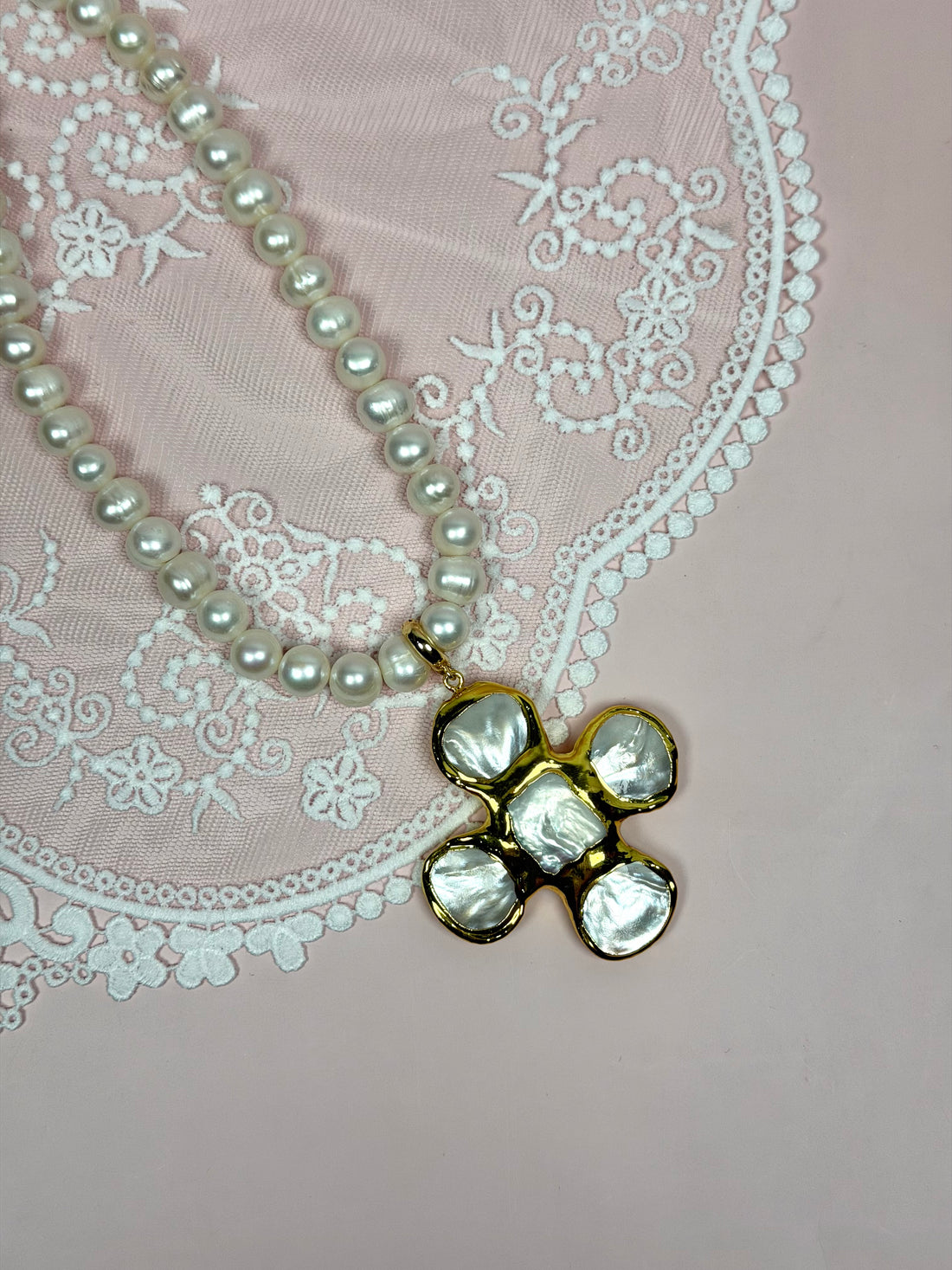 Perla Grande Freshwater Pearl with Pearl Bezel Cross Pendant