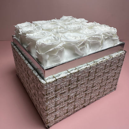 Forever White Roses with White Tweed Flower Box