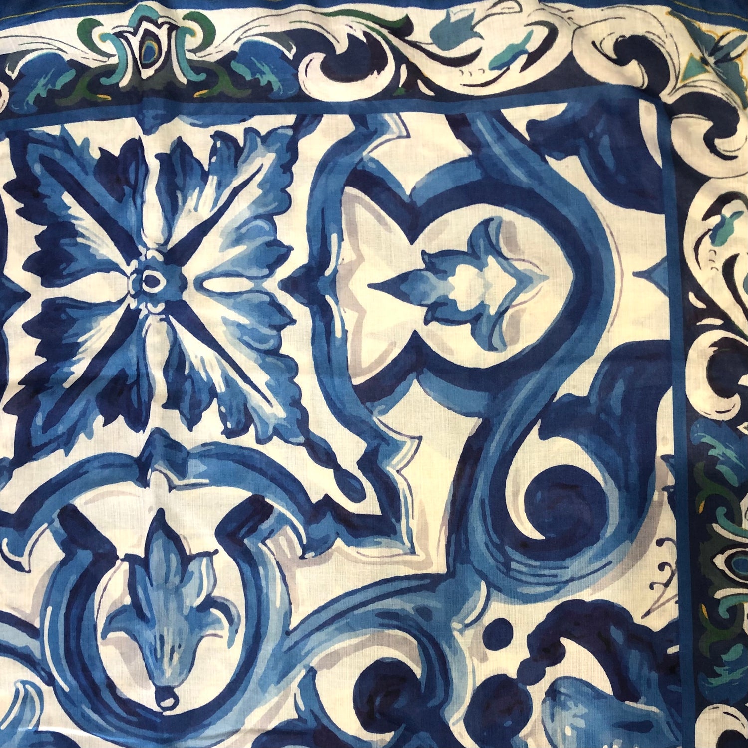 Blue Scroll Maiolica Foulard with Pom Pom Fringe - Dolce Vita Chic