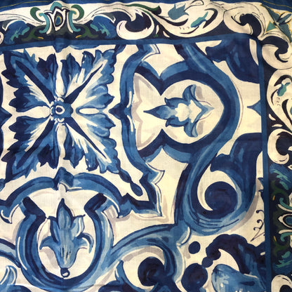 Blue Scroll Maiolica Foulard with Pom Pom Fringe - Dolce Vita Chic