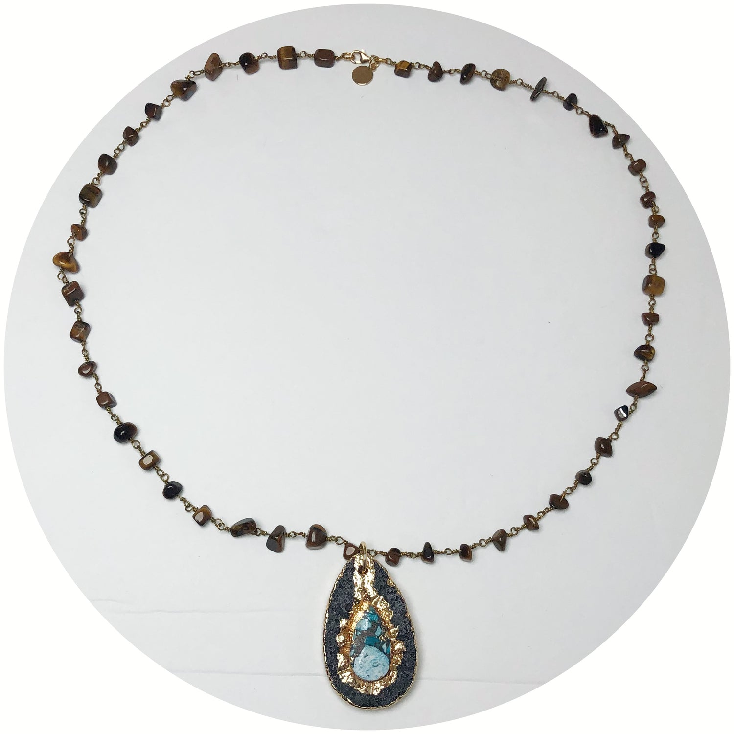 Tiger Eye Beaded Chain with Lava Oval Pendant Necklace