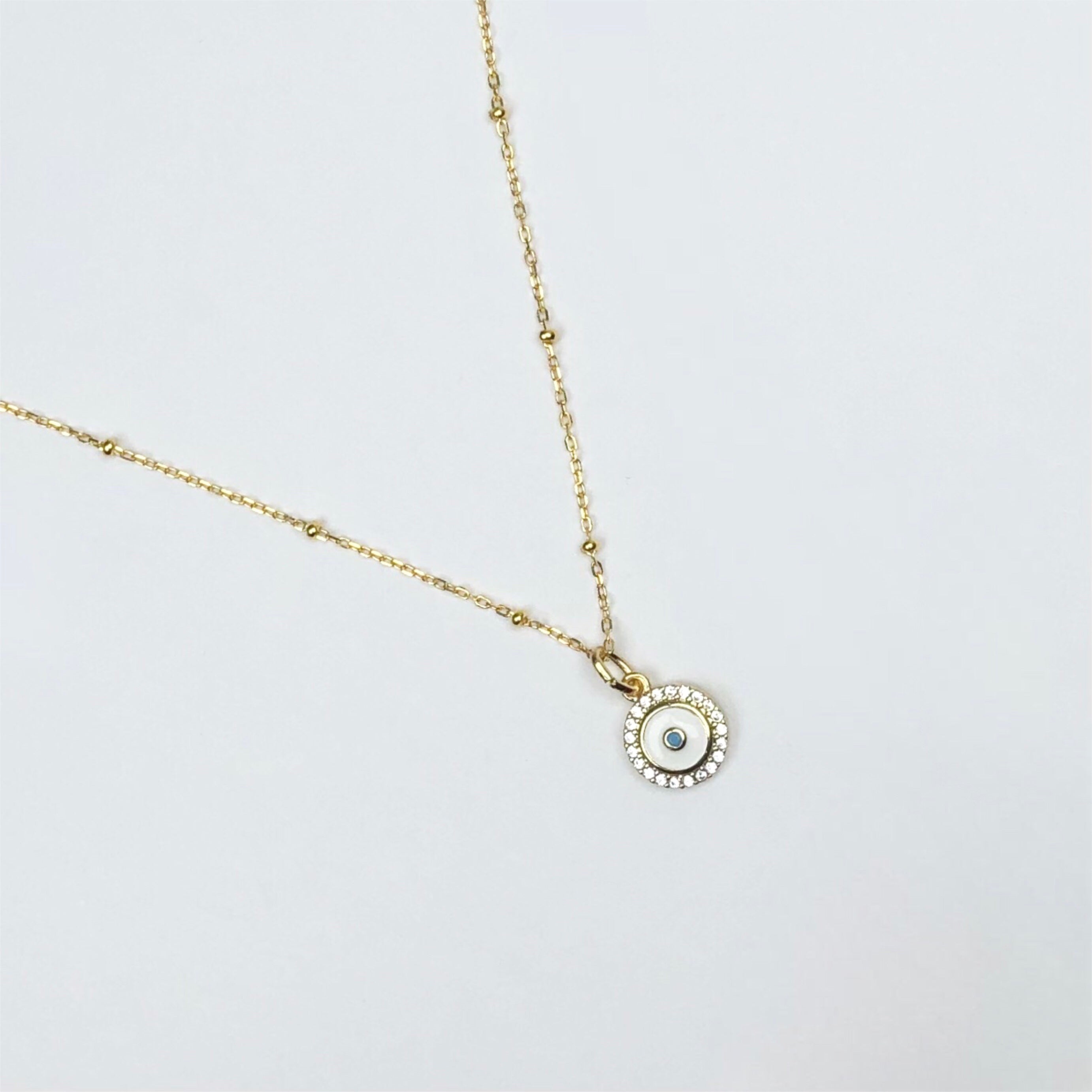 White Enamel Pavé Mini Evil Eye Necklace