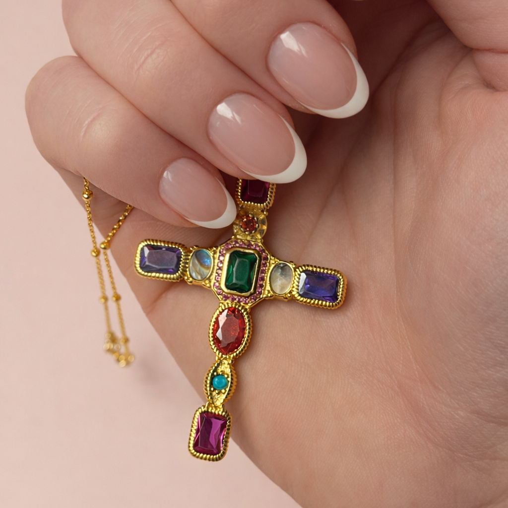 Rainbow Pavé Cross Necklace