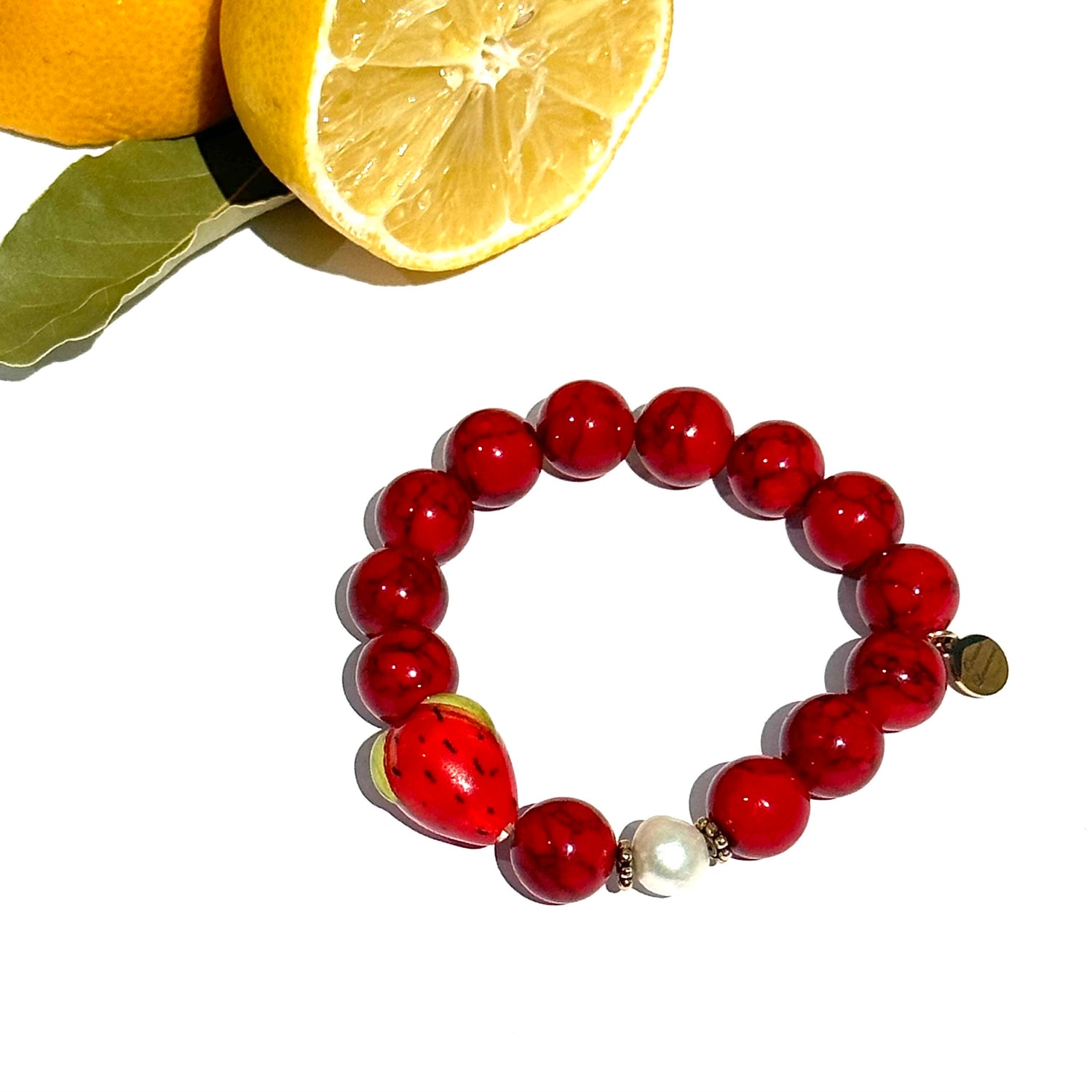 Red Howlite with Handpainted Ceramic Strawberry