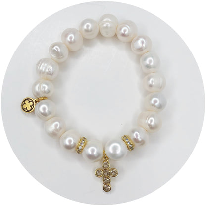 Freshwater Pearls with Pavé Bubble Cross Pendant - Oriana Lamarca LLC