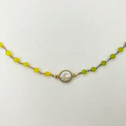 Demi Lime Green Quartz and Lemon Drop Quartz Necklace with Pearl Bezel