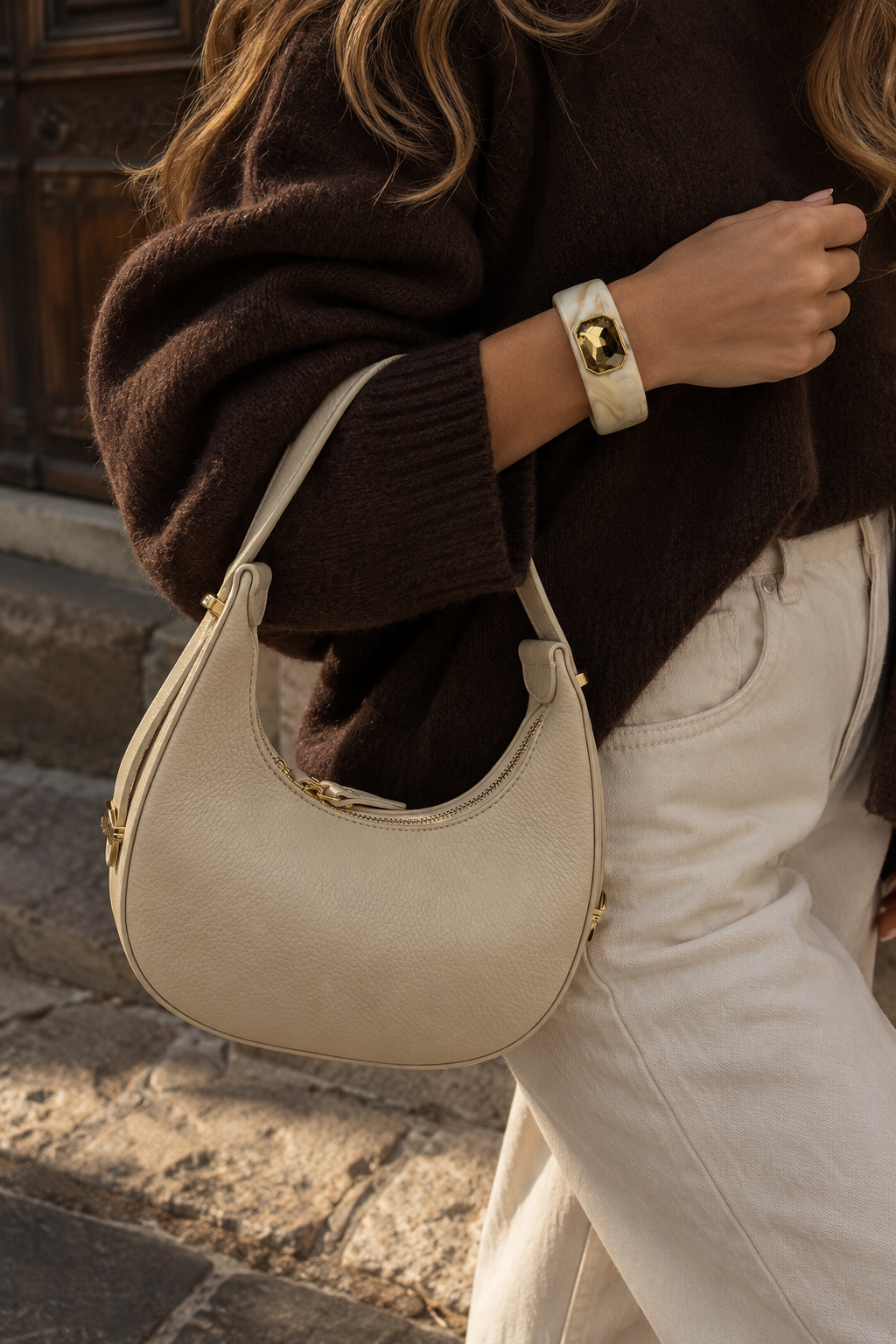 Mezza Luna Creme Leather Handbag